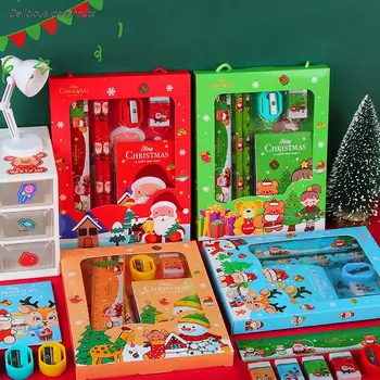 6Pcs / комплект Коледен канцеларски комплект Гумички за острилки Детски моливи Подарък Kawaii училищни канцеларски материали