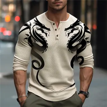 Dragon Graphic 3D отпечатани Henley ризи Мъжка мода улично облекло реколта бутон надолу дълъг ръкав T риза Man Tees върховете облекло