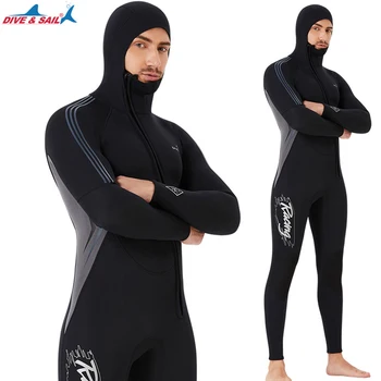 Нов 3MM неопренов каучук мъжки едно парче качулка преден цип удебелен термичен бански подводен лов сърф водолазен костюм