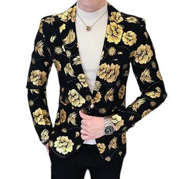 Висококачествен блейзър Мъжка корейска версия Trend Print Елегантна мода Проста бизнес Casual Джентълменско официално вталено яке