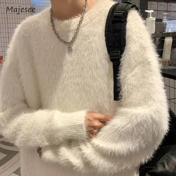 Зимни пуловери мъже топло чист цвят торбест уютен мек пухкав шик улично облекло корейски preppy стил красив тийнейджъри случайни slouchy ins