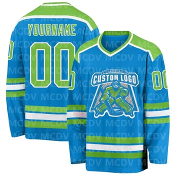 Персонализирано синьо неоново зелено-бяло хокейно джърси 3D печат ви име номер младежки жени хокей на лед Джърси конкуренция обучение потници