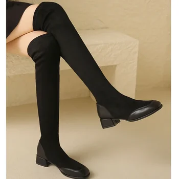 2023 Марка обувки за жени приплъзване на дамски ботуши зимни квадратни пръсти твърди стадо топло над коляното буци токчета модни ботуши
