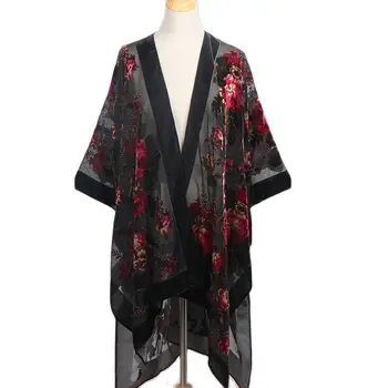 WeHello Бохемски дамски бърнаут кадифе кимоно дълга жилетка с плажно покритие луксозна ваканционна жилетка шал пискюл шифон