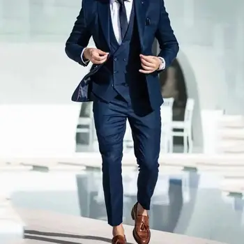 Fashion Tailored Navy Blue Men Suits Slim Fit Peak Lapel Formal Business 3 броя Сватба на младоженеца Trajes De Hombre