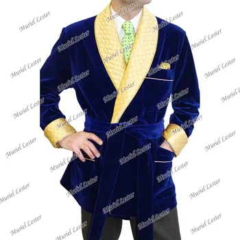Пролет/Есен Navy кадифе костюми яке с колан младоженец износване връх лапа Groomsman блейзър по поръчка сватбени смокинги мъжки палто