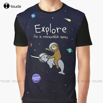 Изследвай! С разумна скорост (ленивец езда Narwhal в космоса) Графичен тениска мама ризи за жени цифров печат тениски