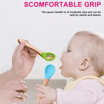 Бебешка дървена лъжица Силиконова лъжица за хранене на бебето Научете се да ядете детски прибори за хранене Малки деца Аксесоари за хранене на бебета Прибори за хранене