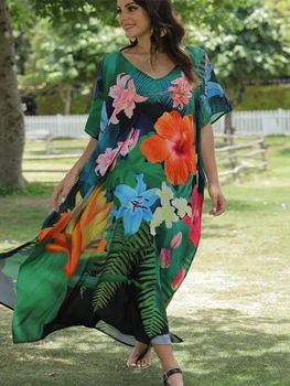 Флорален печат бански костюм Cover Up Robe De Plage 2023 Лятна бохемска рокля Свободно плажно облекло Покривала за плаж Kaftan Pareo рокля