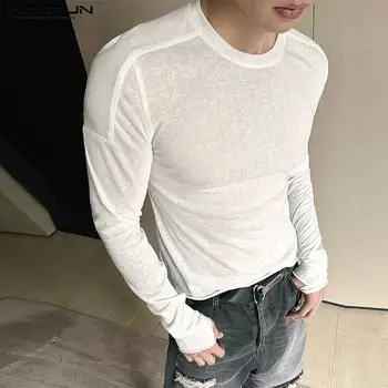 Модни ежедневни върхове за стил INCERUN Мъжки бели микро прозрачни тениски Мъжки напръстник дизайн О-образно деколте дълъг ръкав Camiseta S-5XL