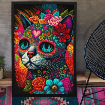Череп цвете котка диамант живопис изкуство пълни тренировки ден на мъртвите мексикански котка кръстат бод модел мозайка дома декор