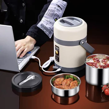  Преносими USB електрически отопляеми кутии за обяд 1.6 / 2L неръждаема стомана храна топло контейнер офис училище Bento гореща храна термичен буркан