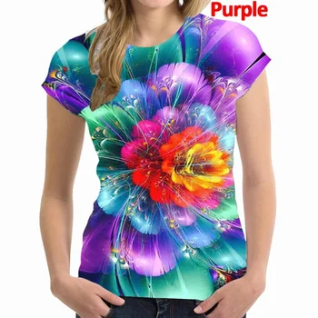 Дамска мода случайни върхове цвете O-образно деколте ризи с къс ръкав върховете дамски цвят тениска хлабав чай