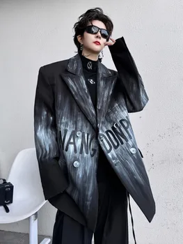 SYUHGFA Мъжко облекло Tide Корейска мода писмо градиент костюм палто 2024 пролет нов хлабав прост дълъг ръкав блейзъри за мъжки