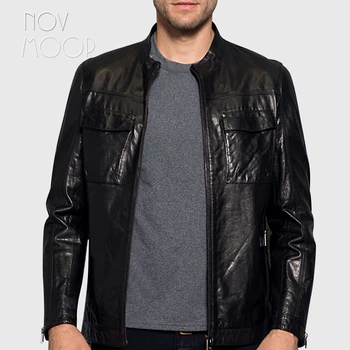 Зимна есен мъже черна естествена кожа истинска козя кожа дъбене кожени якета палта маншет цип дизайн jaqueta de couro LT2438