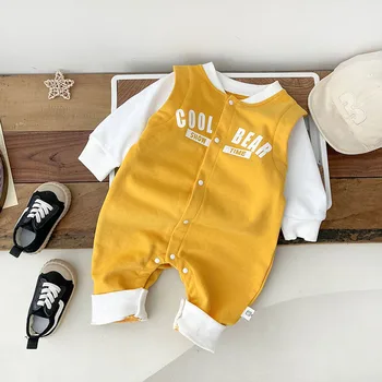 Есенен детски гащеризон мода новородено бебе случайни излет дрехи писмо жилетка бутон гащеризон деца памук боди пролетта