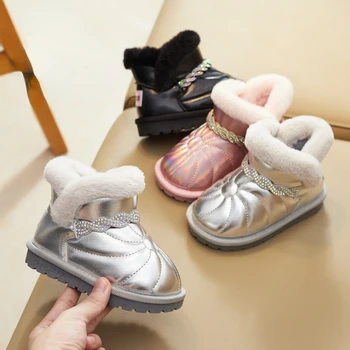 Детски ботуши Нови 2024 зимни външни водоустойчиви неплъзгащи се снежни ботуши Момчета момичета мода лъскав топли плюшени памучни обувки Детски ботуш