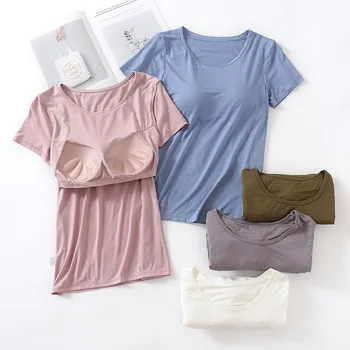 Дамски модален вграден подплатен сутиен тениска къс ръкав дишаща женски случайни дъно тениска върхове