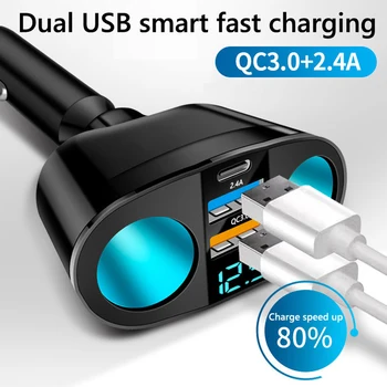 QC3.0 зарядно за кола LED цифров дисплей 120W 12V / 24V двоен USB захранващ адаптер 360 ° въртяща се запалка тип-C + QC3.0 + 2.4A