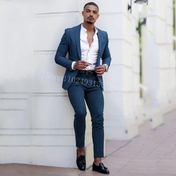 Tailor Made мъжки костюми Slim Fit 2 броя Ежедневни елегантни най-добри мъже младоженец сватбени костюми комплект (Blazer + панталони) Trajes De Hombre