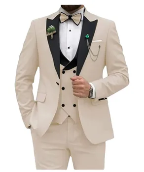Slim Fit Мъжки костюм 3 броя Blazer + Vest + панталони Leisure Tuxedos Мъжки костюми Velvet Formal Висококачествена парти абитуриентска сватбена рокля