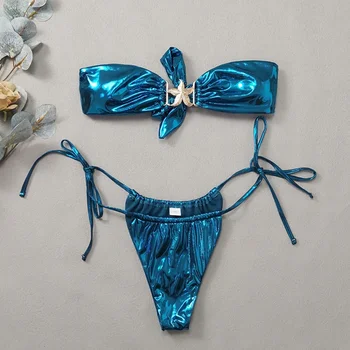Gem Blue Glossy Bikini 2024 Дамско облекло Бански Летен плаж Ваканционни екипировки Прашки Бански костюм Бански костюми без гръб