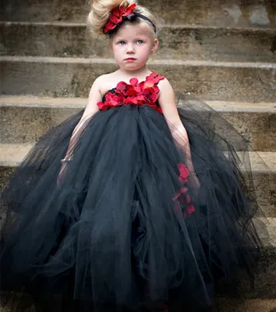 Малки момичета Черно Туту рокля Детски пухкави плетене на една кука тюл рокля топка рокля с червено цвете и лента за глава деца парти рокля кърпа