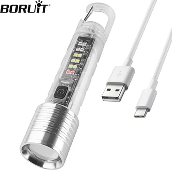 BORUIT Мини EDC ключодържател фенерче Zoom Torch USB акумулаторна работна светлина с магнит Къмпинг джоб фенер Аварийна & употреба