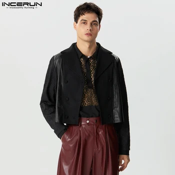INCERUN върхове 2023 американски стил мъжка мода изкуствена кожа пачуърк блейзър случайни мода изрязани дълги ръкави костюм палта S-5XL