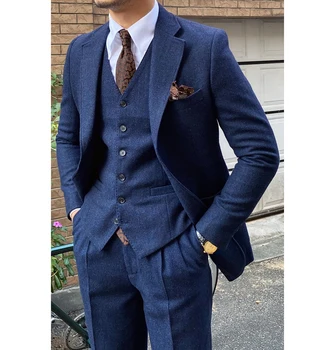 Tweed Men Suits 3 броя костюми Blue Notched Lapel Slim Fit Business Groom Tuxedos For Formal Wedding Suit(Blazer + Vest + Pants)