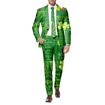 Ден на Свети Патрик мъжки костюм зелен дълъг ръкав палто и панталони две части костюм отпечатани мулти джобове костюм за празнично парти 2024