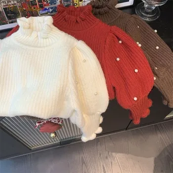 Мода бебе момиче принцеса перла пуловер бутер ръкав бебе малко дете дете трикотажни пуловер Топ плътен цвят бебешки дрехи 1-10Y