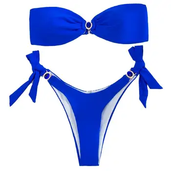 Дамски бикини комплект бански секси сутиен бикини сплит лицеви опори син кристал бикини комплект тръба отгоре за плаж плуване костюм женский