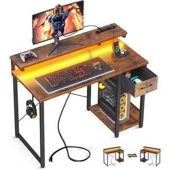 40 инчов домашен офис бюро с регулируема стойка за монитор Gaming компютър бюро с електрически контакт & LED светлина лента мебели бюра
