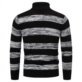  Пуловер с висока яка стилен мъжки раиран цветен пуловер топъл плетен пуловер с висока яка за есен/зима с врата