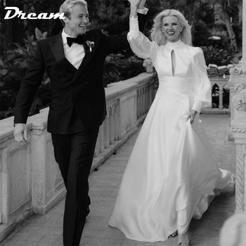 DREAM Прости сватбени рокли с високо деколте Предни кухи дълги ръкави Булчински бални рокли A-Line Sweep Train Вестидос Новиас Бода