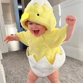 Infant Boys Girls Cosplay Cute Chicken Costume Winter Warm Hooded Jumpsuit Toddler Fleece Long Sleeve Rompers Bodysuits Clothes