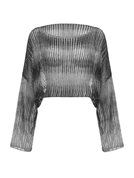 Дамски секси кухи извънгабаритни плетени топ гръндж Y2K E-момичета естетически хлабав дълъг ръкав излиза пуловер върхове