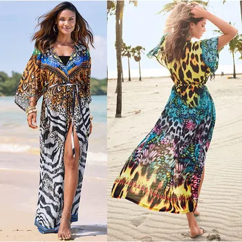 2022 Секси бикини Cover-ups Ретро леопард шифон дълго кимоно рокля туника жени облекло плаж износване бански костюм покрийте