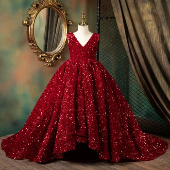 Пухкави рокли за момичета Бална рокля Абитуриентски бал Червени пайети Цвете момиче рокли за сватба деца Елегантни рокли за причастие Момиче 2021