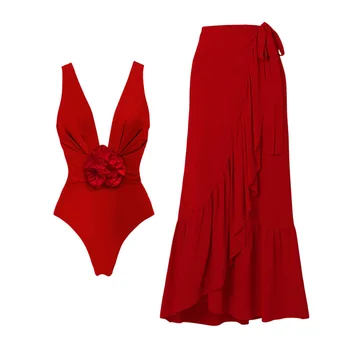 Дамски бански червен V-образно деколте флорални декорирани подвижна едно парче бански рокля за жени