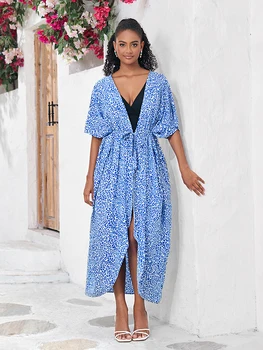 Cover-ups Леопард печат синьо кимоно за жени лято плюс размер плажна риза Топ вискоза туника за плажен бански Cover up