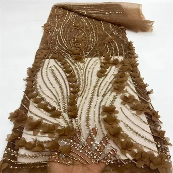 Високо качество изящни африкански ръчно изработени мъниста пайети 3D цвете дантела плат френски бродерия дантела плат за нигерийски сватба