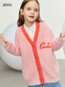 AMII Kids 2023 Детски буци пуловери за момичета Нови зимни контрастни шевове Хлабав плюшени меки трикотажи Топло палто 22344021