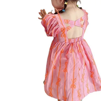 Детски момичета принцеса 2023 Лято Нови детски дрехи Розов лък Еднокомпонентни рокли Детски дрехи от 1 до 6 година