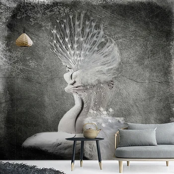 Персонализиран тапет Европейски стил Носталгичен творчески черно-бял паун красота цимент 3D стенопис хол спалня стенописи
