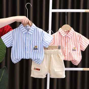 Boys' Summer Set Нова бебешка раирана мечешка риза Къс ръкав Ежедневни шорти Две части Летен детски моден комплект