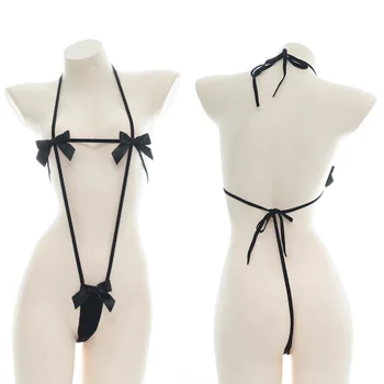 секси момиче бикини раирани презрамки бельо косплей bowknot черно мини бикини еротични косплей костюми бельо комплект