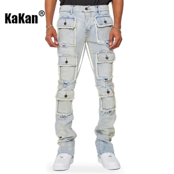 Kakan - Европейски и американски нови еластични работни дънки за мъже, черни светлосини дънки с прав крак K16-CK3010