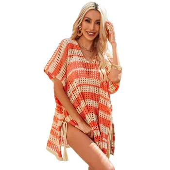 Stripe Color-blocking Cover Ups за жени V-образно деколте бански костюми издълбани плетени цепка каишка плажно облекло лятна ваканция нов 2023